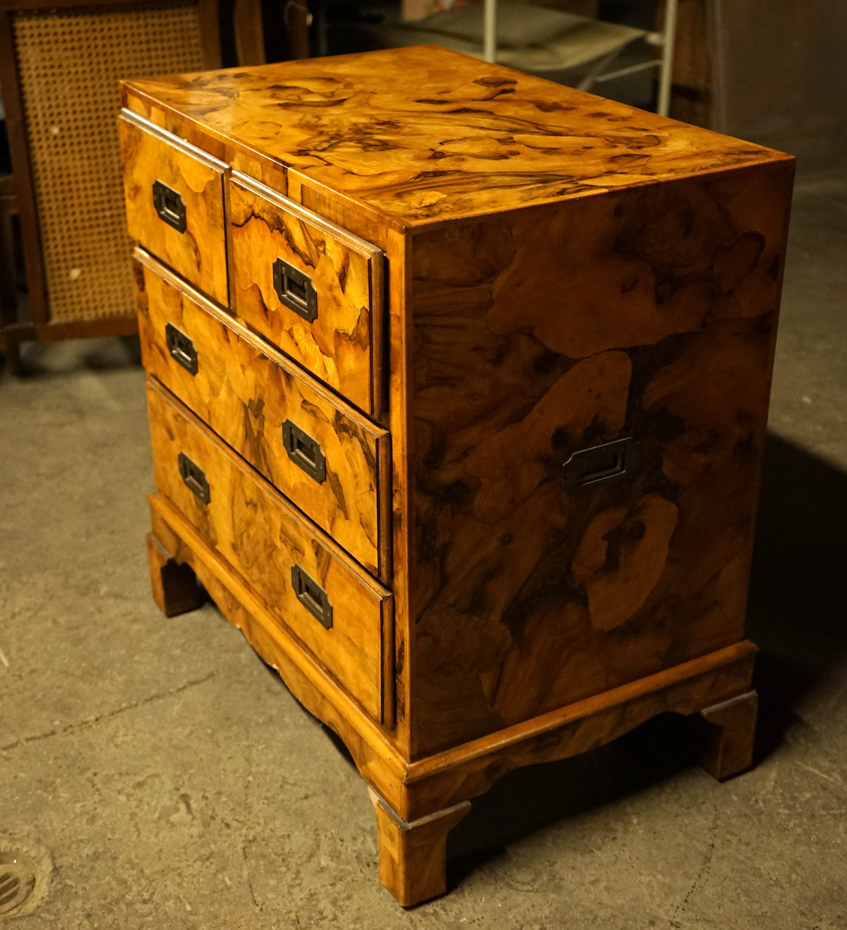 Petite 4 Drawer Burl Olivewood Campaign Style Chest