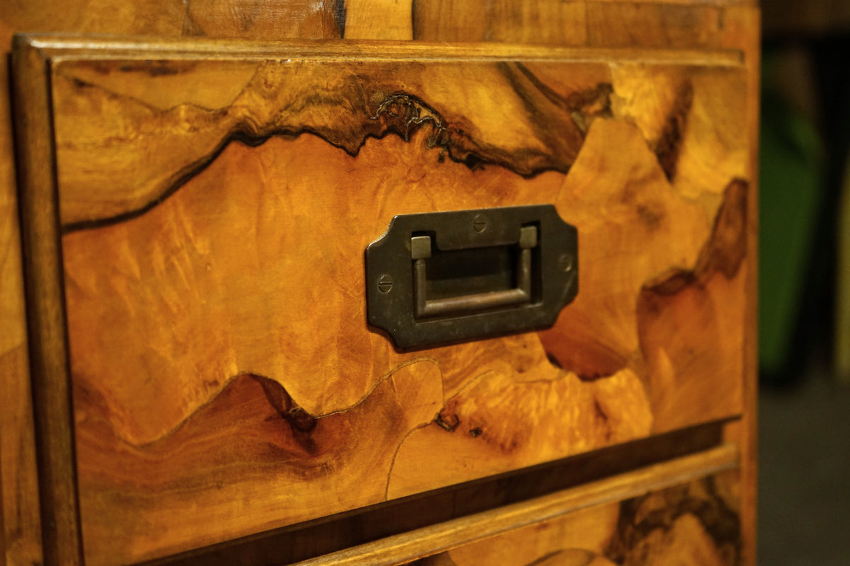 Petite 4 Drawer Burl Olivewood Campaign Style Chest
