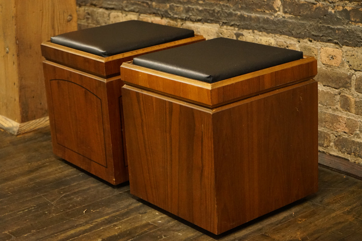Mid-century Lane Storage cube ottoman on wheels with reversible top to game board.  Pair..  Black vinyl upholstery.