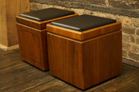 Mid-century Lane Storage cube ottoman on wheels with reversible top to game board.  Pair..  Black vinyl upholstery.