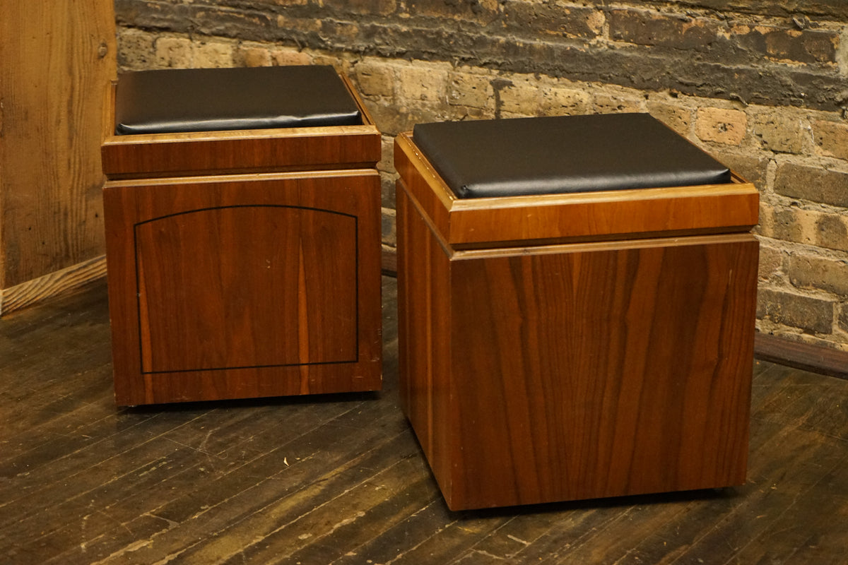 Mid-century Lane Storage cube ottoman on wheels with reversible top to game board.  Pair.  Black vinyl upholstery.