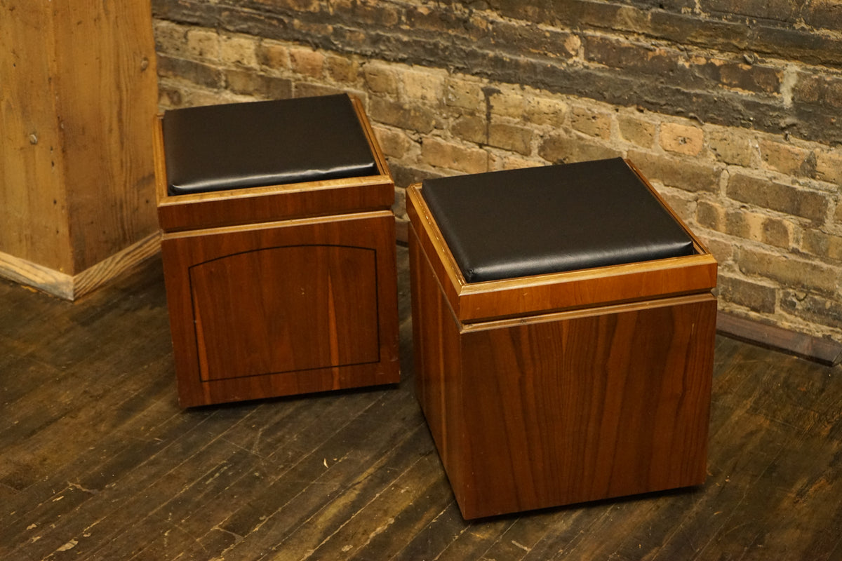 Mid-century Lane Storage cube ottoman on wheels with reversible top to game board.  Pair..  Black vinyl upholstery.