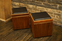 Mid-century Lane Storage cube ottoman on wheels with reversible top to game board.  Pair..  Black vinyl upholstery.