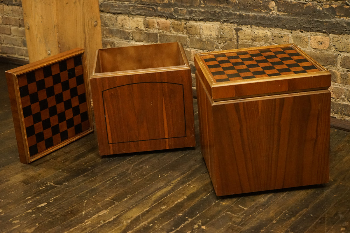 Mid-century Lane Storage cube ottoman on wheels with reversible top to game board.  Pair..  Black vinyl upholstery.