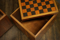 Mid-century Lane Storage cube ottoman on wheels with reversible top to game board.  Pair..  Black vinyl upholstery.