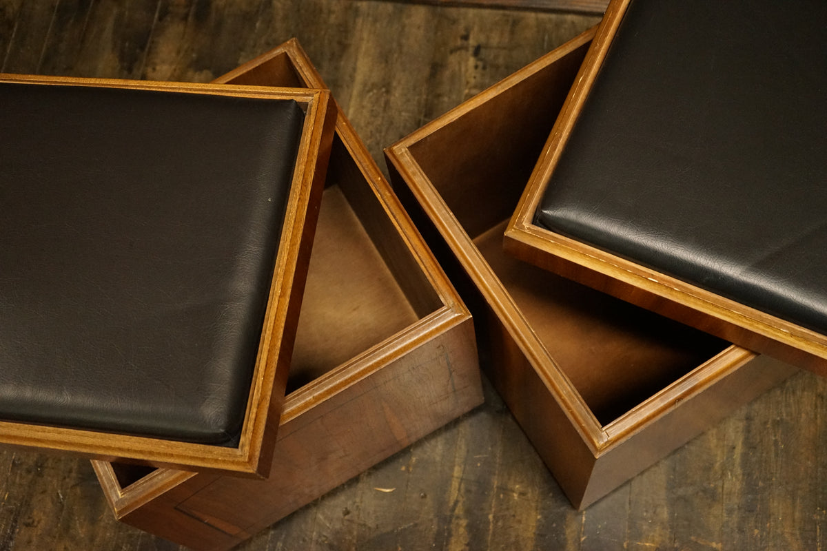 Mid-century Lane Storage cube ottoman on wheels with reversible top to game board.  Pair..  Black vinyl upholstery.