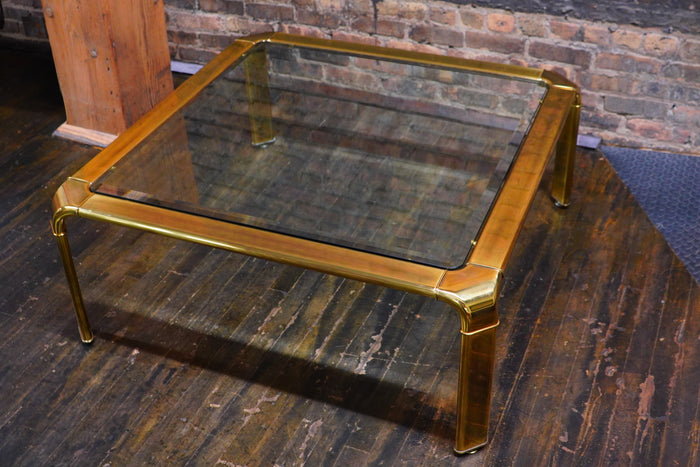 Large Square Hollywood Regency Brass and Glass Coffee Table by Widdicomb