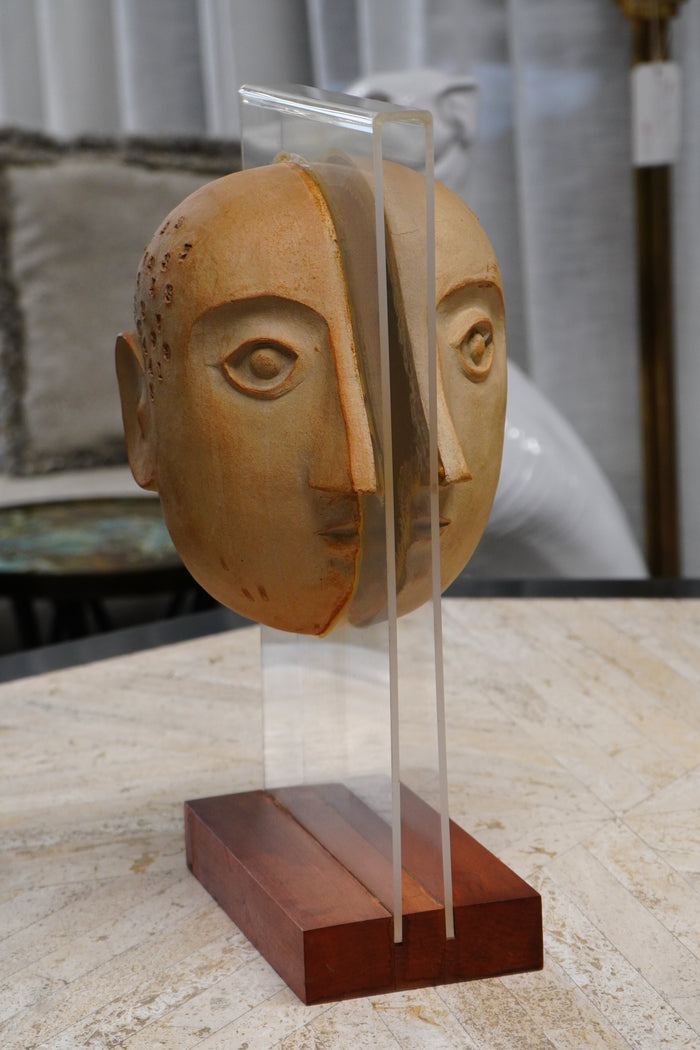 Mid-Century David Gil Split Head Stoneware Sculpture Mounted on Lucite with a Wood Base