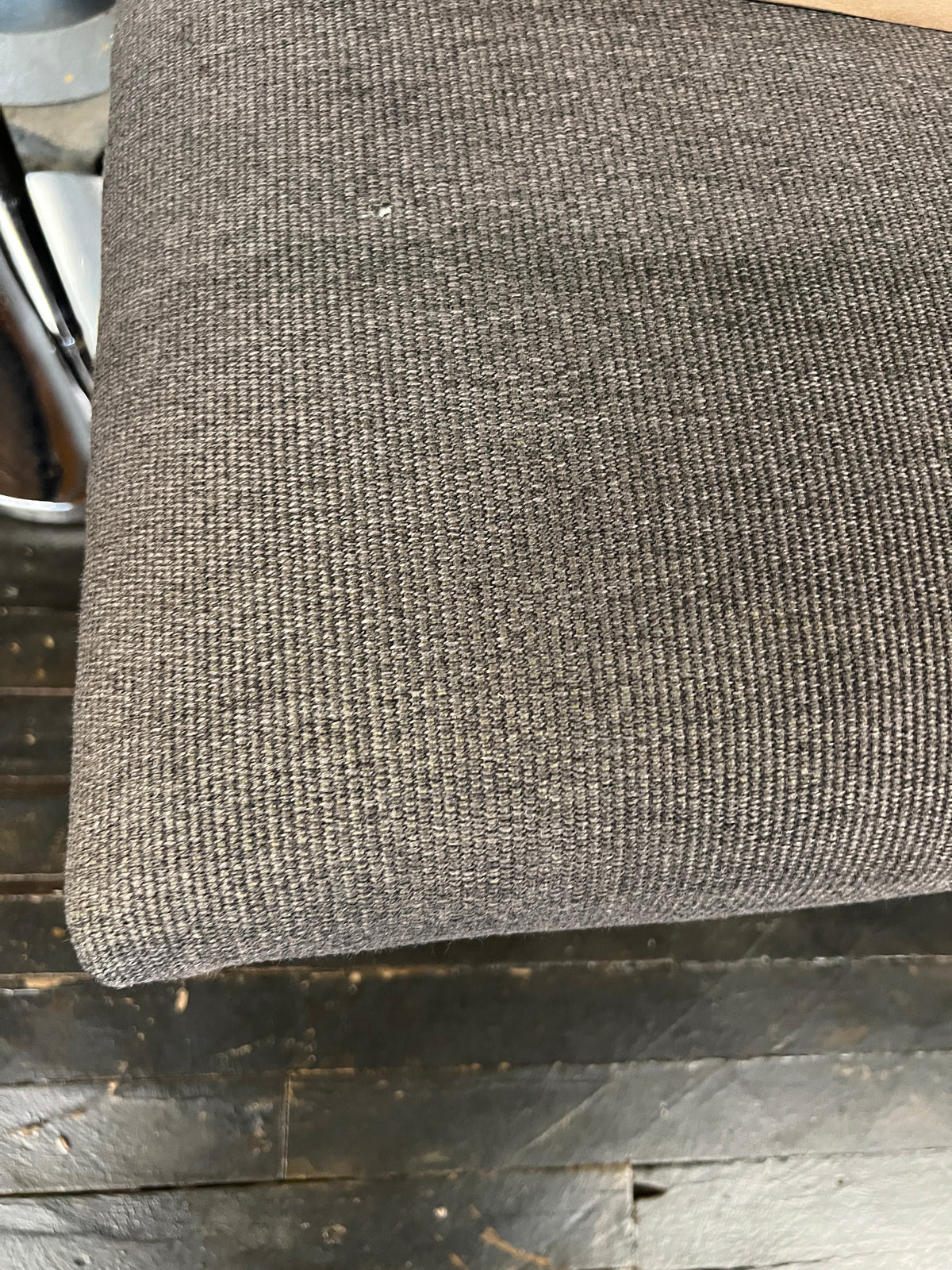 Jens Risom designed settee for Knoll, walnut base and original gray wool upholstery. Chicago.  Studio Sonja Milan
