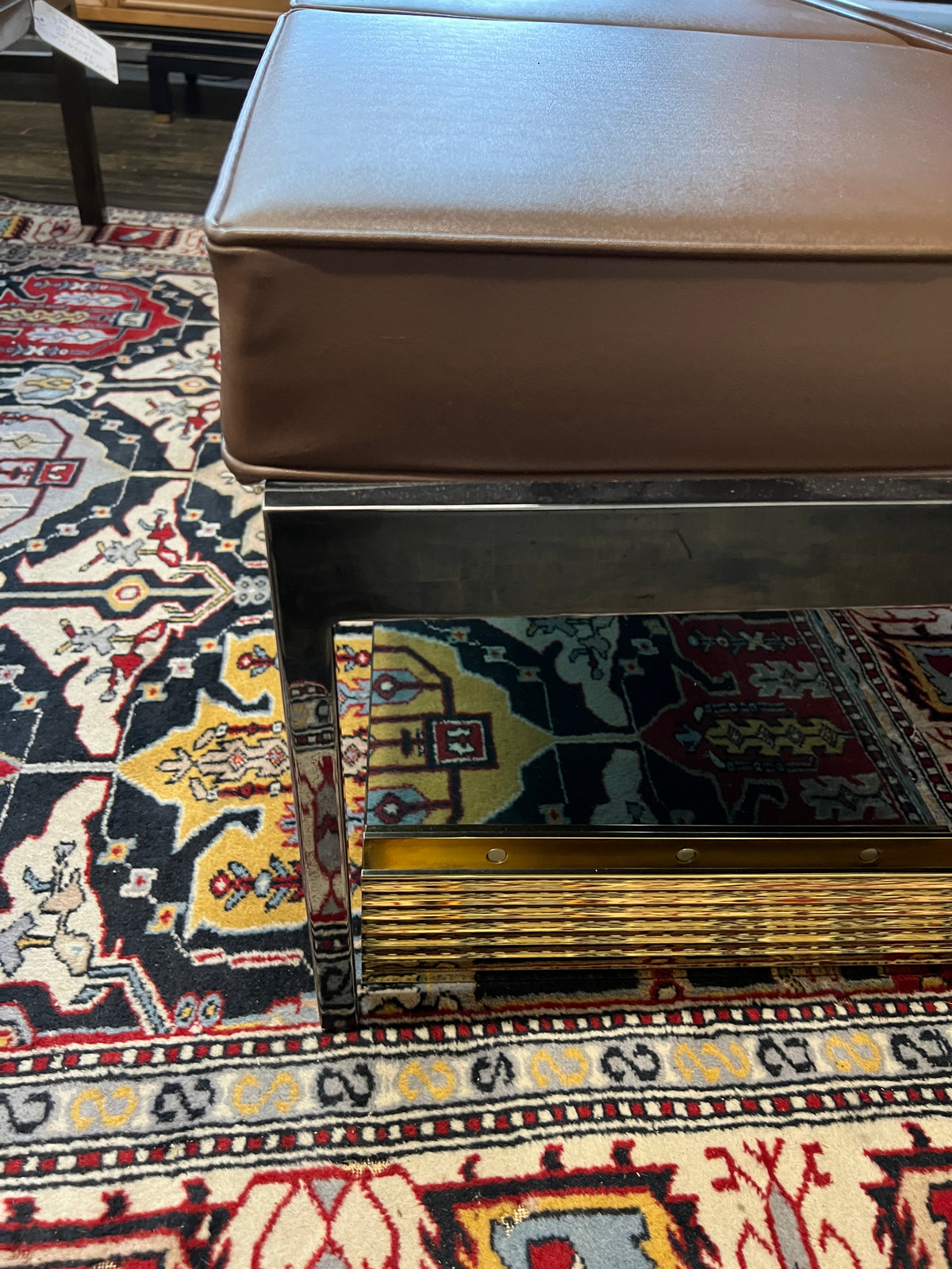 Mid century Steelcase bench with chrome base and original brown vinyl cushions. Industrial Modern, Contract Use, Chicago, Studio Sonja Milan