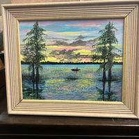 Primitive oil painting on board by Marcel Stockmans.  Painting has a high gloss lacquer finish.  Appears to show figures on a boat in the bayou at sunrise (or sunset).  Great colors, great composition.  Stockmans was a primitive painter that lived and worked in Lafayette, MS (born in Belgium).  Framed work.  Bryant Galleries tag on reverse.