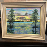 Primitive oil painting on board by Marcel Stockmans.  Painting has a high gloss lacquer finish.  Appears to show figures on a boat in the bayou at sunrise (or sunset).  Great colors, great composition.  Stockmans was a primitive painter that lived and worked in Lafayette, MS (born in Belgium).  Framed work.  Bryant Galleries tag on reverse.