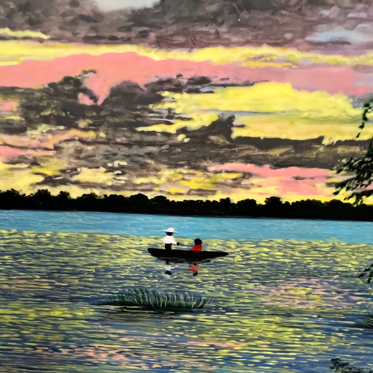 Primitive oil painting on board by Marcel Stockmans.  Painting has a high gloss lacquer finish.  Appears to show figures on a boat in the bayou at sunrise (or sunset).  Great colors, great composition.  Stockmans was a primitive painter that lived and worked in Lafayette, MS (born in Belgium).  Framed work.  Bryant Galleries tag on reverse.