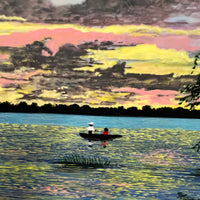 Primitive oil painting on board by Marcel Stockmans.  Painting has a high gloss lacquer finish.  Appears to show figures on a boat in the bayou at sunrise (or sunset).  Great colors, great composition.  Stockmans was a primitive painter that lived and worked in Lafayette, MS (born in Belgium).  Framed work.  Bryant Galleries tag on reverse.