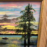 Primitive oil painting on board by Marcel Stockmans.  Painting has a high gloss lacquer finish.  Appears to show figures on a boat in the bayou at sunrise (or sunset).  Great colors, great composition.  Stockmans was a primitive painter that lived and worked in Lafayette, MS (born in Belgium).  Framed work.  Bryant Galleries tag on reverse.