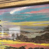 Primitive oil painting on board by Marcel Stockmans.  Painting has a high gloss lacquer finish.  Appears to show figures on a boat in the bayou at sunrise (or sunset).  Great colors, great composition.  Stockmans was a primitive painter that lived and worked in Lafayette, MS (born in Belgium).  Framed work.  Bryant Galleries tag on reverse.