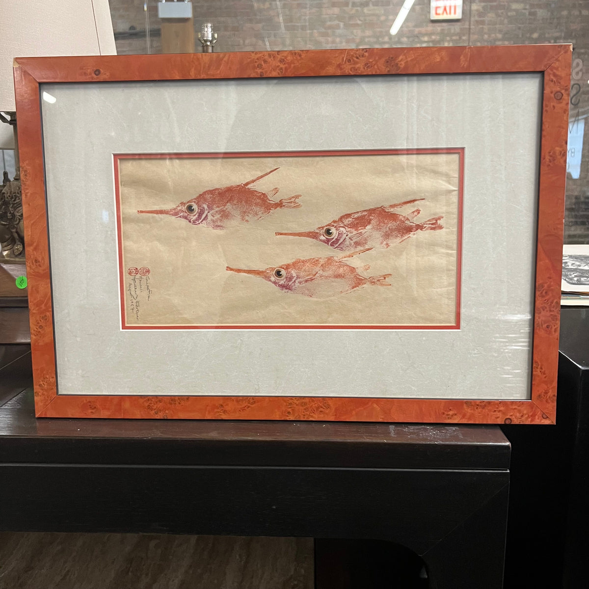Lovely framed and matted print of three snipe fish by artist Heather Fortner.  Signed and dated 1987.  Done is lovely shades of oranges and reds.  Beautifully framed and matted.  Coastal Decor.  Original art.