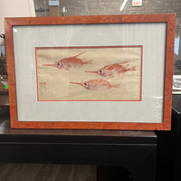Lovely framed and matted print of three snipe fish by artist Heather Fortner.  Signed and dated 1987.  Done is lovely shades of oranges and reds.  Beautifully framed and matted.  Coastal Decor.  Original art.