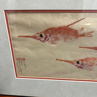 Lovely framed and matted print of three snipe fish by artist Heather Fortner.  Signed and dated 1987.  Done is lovely shades of oranges and reds.  Beautifully framed and matted.  Coastal Decor.  Original art.