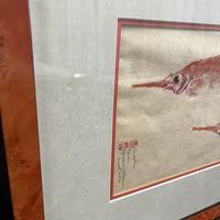 Lovely framed and matted print of three snipe fish by artist Heather Fortner.  Signed and dated 1987.  Done is lovely shades of oranges and reds.  Beautifully framed and matted.  Coastal Decor.  Original art.