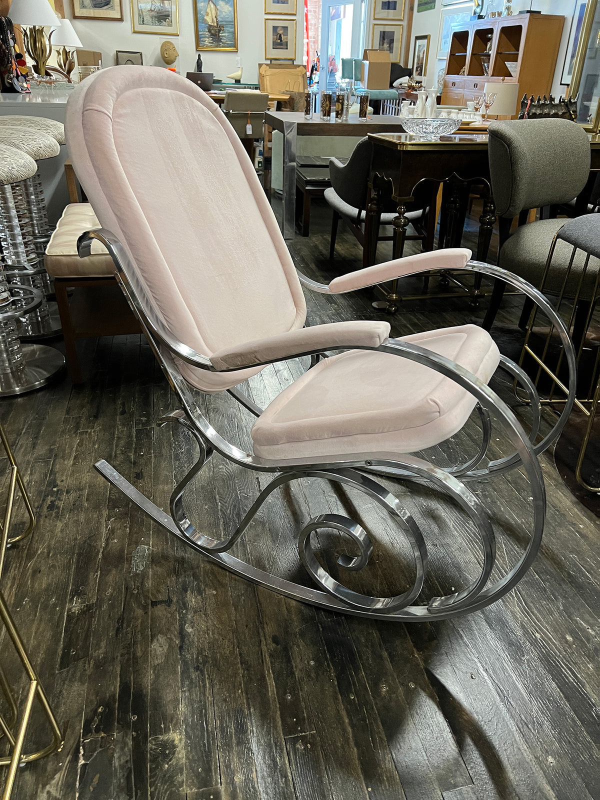 1970's Modernist Chrome Maison Jansen Style Hollywood Regency Rocking Chair with Pink Upholstery
