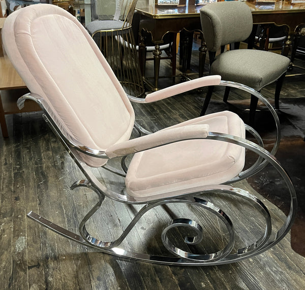 1970's Modernist Chrome Maison Jansen Style Hollywood Regency Rocking Chair with Pink Upholstery