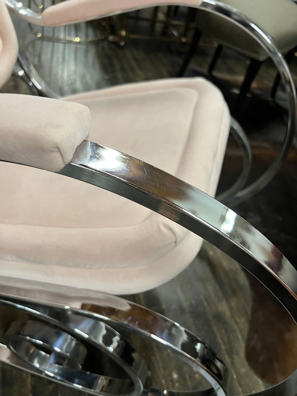 1970's Modernist Chrome Maison Jansen Style Hollywood Regency Rocking Chair with Pink Upholstery