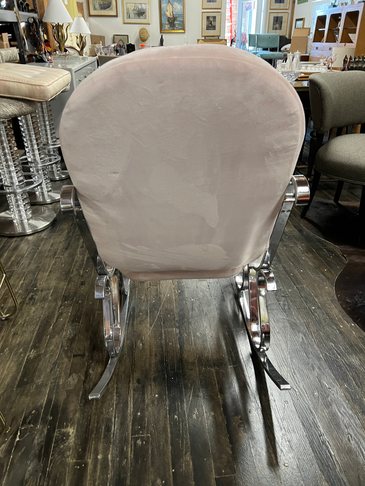 1970's Modernist Chrome Maison Jansen Style Hollywood Regency Rocking Chair with Pink Upholstery
