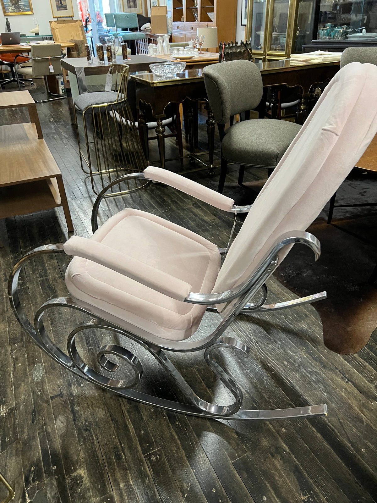 1970's Modernist Chrome Maison Jansen Style Hollywood Regency Rocking Chair with Pink Upholstery