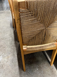 Set of 6 dining chairs with woven rush seats and backs.  Mid-century modern meets French country.  Light wood.  Vintage with some imperfections.