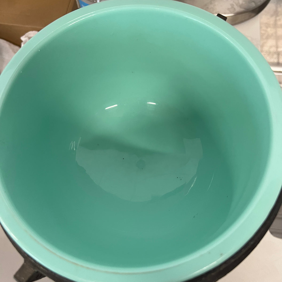 A set of James Mont-style metal (faux bronze) with verdigris finish which includes an ice bucket and water pitcher. Both items are made of metal with green plastic insulation inserts Great unique wedding gift.  Midcentury barware.