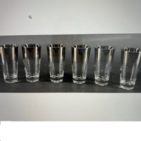 Set of 24 silver "fade rim" Dorothy Thorpe style bar glasses.Set contains: 6 highball glasses' 6 pilsner glasses, 6 rocks glasses,  6 shot glasses,  In excellent condition. This is an excellent, large set of mid-century barware. Would make a great unique wedding gift.  Chicago area.  Pick-up available.