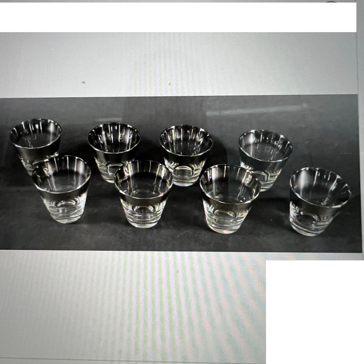 Set of 24 silver "fade rim" Dorothy Thorpe style bar glasses.Set contains: 6 highball glasses' 6 pilsner glasses, 6 rocks glasses,  6 shot glasses,  In excellent condition. This is an excellent, large set of mid-century barware. Would make a great unique wedding gift.  Chicago area.  Pick-up available.