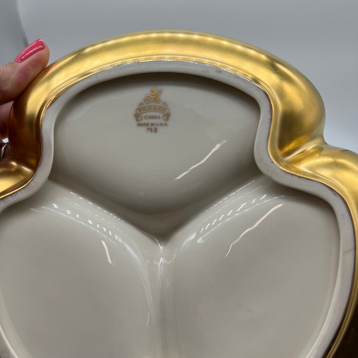 Pickard China, made in USA, 24k gold #742, divided dish - 3 sections, rose and daisy motif, excellent condition, no chips or cracks, post World War II production, approximately 8.25" diameter with scalloped edge.