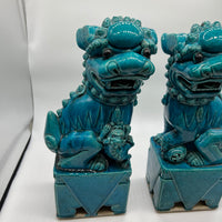Large and lovely pair of Chinese Foo Dogs, biscuit-turquoise colored male and female foo dogs. &nbsp;Circa 1880