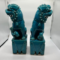 Large and lovely pair of Chinese Foo Dogs, biscuit-turquoise colored male and female foo dogs. &nbsp;Circa 1880