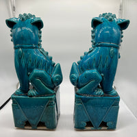 Large and lovely pair of Chinese Foo Dogs, biscuit-turquoise colored male and female foo dogs. &nbsp;Circa 1880