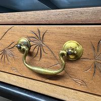 Pair midcentury Kittinger side or end Tables, one drawer, brass pull,  Faux Bamboo black lacquer Base, dandelion incised top. walnut and black lacquer