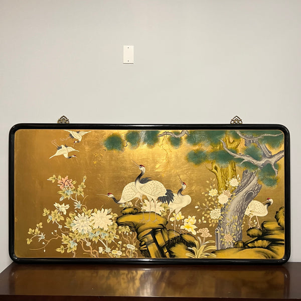 Lovely midcentury painting of cranes and chrysanthemums painted on a solid wood board.  Bright colors and gold leaf 
