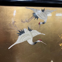 Lovely midcentury painting of cranes and chrysanthemums painted on a solid wood board.  Bright colors and gold leaf 