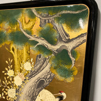 Lovely midcentury painting of cranes and chrysanthemums painted on a solid wood board.  Bright colors and gold leaf 