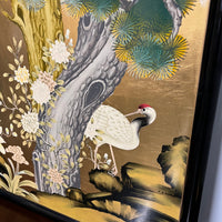 Lovely midcentury painting of cranes and chrysanthemums painted on a solid wood board.  Bright colors and gold leaf 