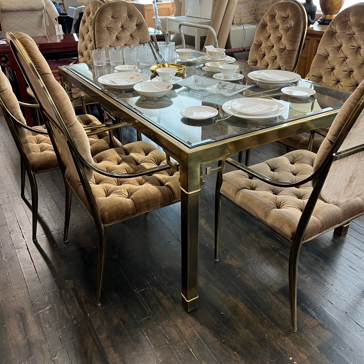 Mastercraft brass greek key dining table with glass tabletop.  Vintage midcentury dining table.  Hollywood Regency - Hollywood Glam.  Palm Beach, Palm Springs