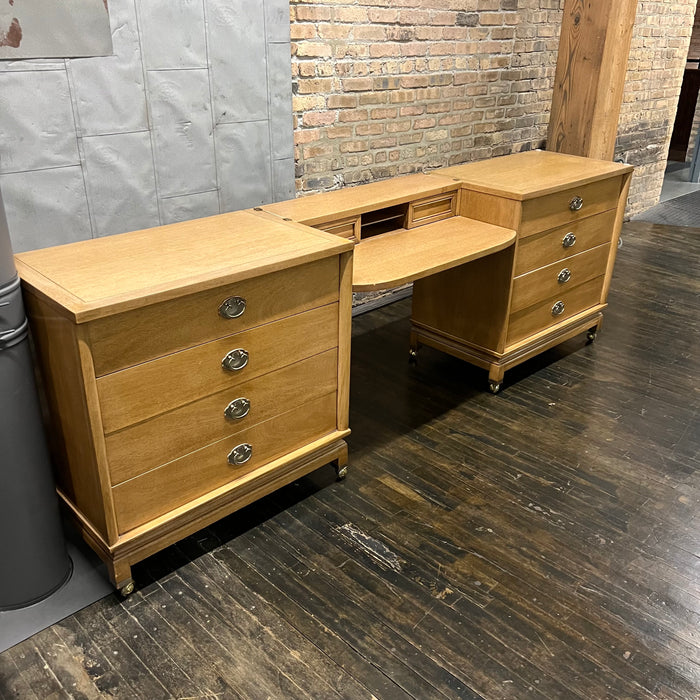 Two chest with a suspended vanity or desk between them, American of Martinsville.  Bleached mahogany.  Chicago