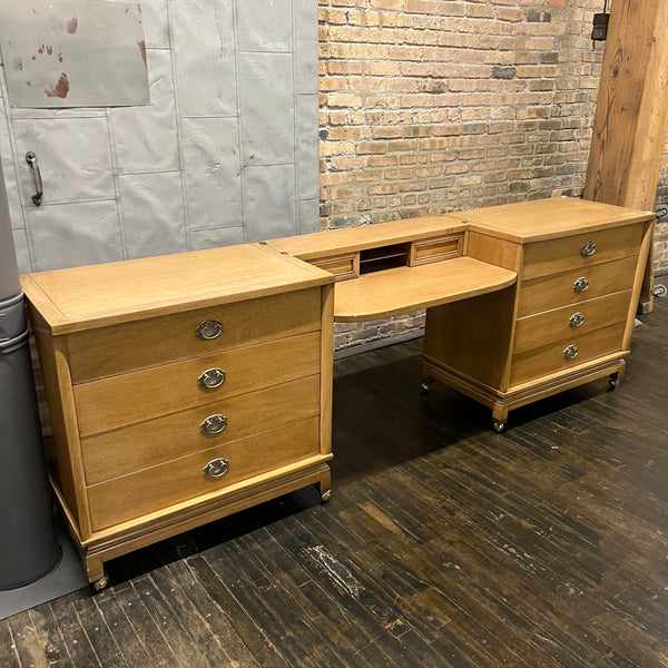 Two chest with a suspended vanity or desk between them, American of Martinsville.  Bleached mahogany.  Chicago