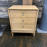 Pair of petite mid-century nightstands with 3 drawers. Made by American of Martinsville, Chinoiserie styling, beautiful brass hardware.  Chicago