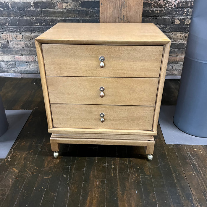 Pair of petite mid-century nightstands with 3 drawers. Made by American of Martinsville, Chinoiserie styling, beautiful brass hardware.  Chicago