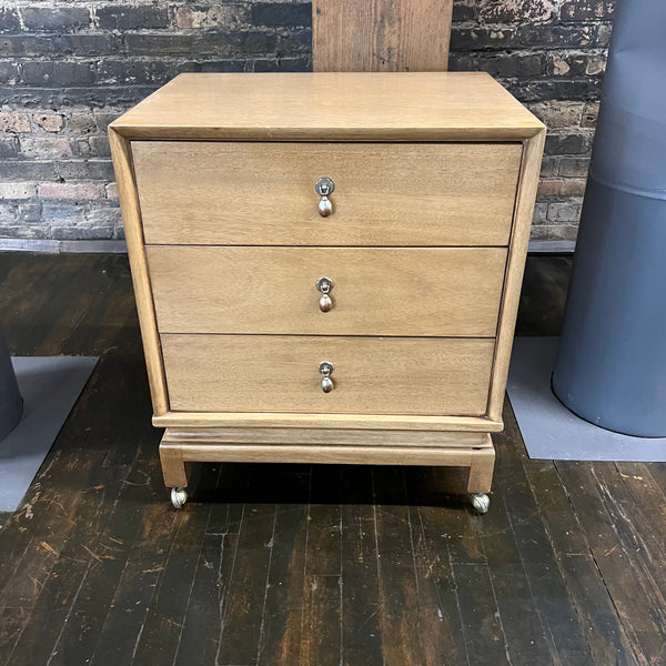 Pair of petite mid-century nightstands with 3 drawers. Made by American of Martinsville, Chinoiserie styling, beautiful brass hardware.  Chicago