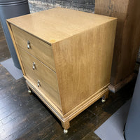 Pair of petite mid-century nightstands with 3 drawers. Made by American of Martinsville, Chinoiserie styling, beautiful brass hardware.  Chicago