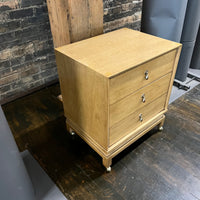 Pair of petite mid-century nightstands with 3 drawers. Made by American of Martinsville, Chinoiserie styling, beautiful brass hardware.  Chicago